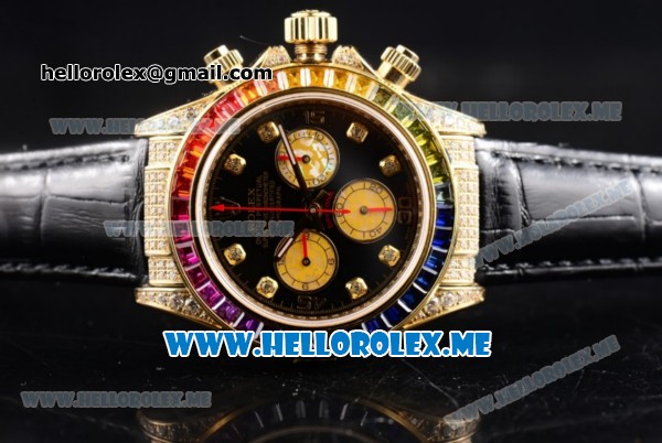 Rolex Daytona Rainbow Swiss Valjoux 7750 Automatic Yellow Gold Case with Black Dial and Black Leather Strap Diamonds Markers (GF) - Click Image to Close